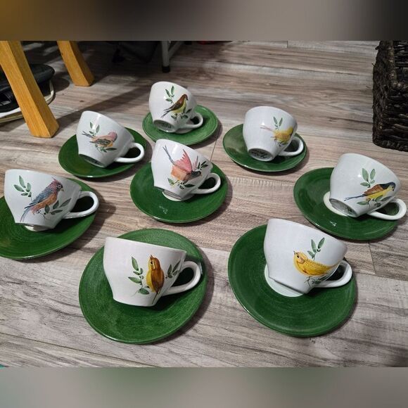 Vintage HTF Maja Mexico Pottery Cup & Saucers Hand Painted Birds - Green Trim - Picture 17 of 17